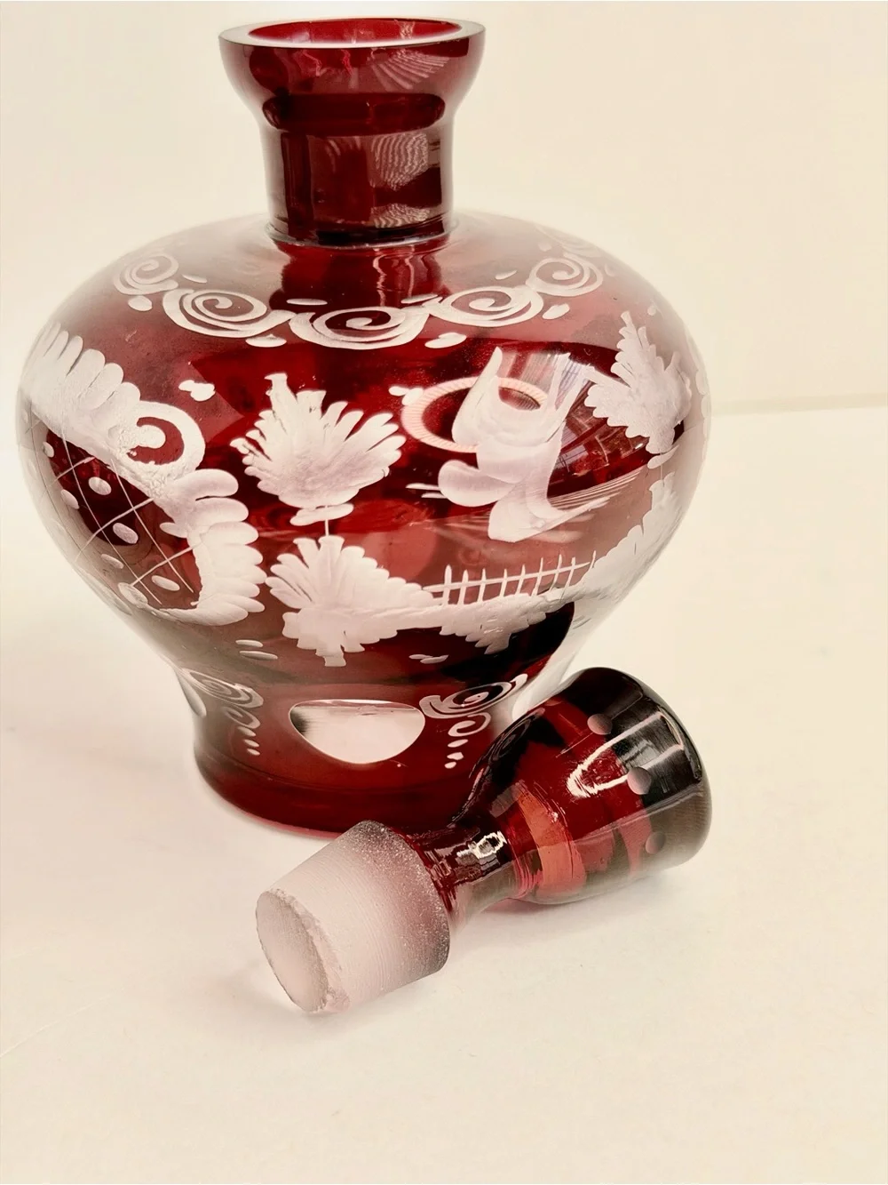 Egermann Ruby Cut To Clear Bohemian CZECH ART GLASS Bottles w/ Stoppers Set of 2